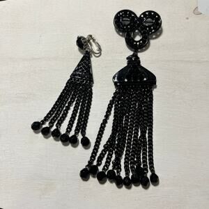 Art Deco Large Hand Cut Jet Broach and 1 earring with Long Black Chain Tassels